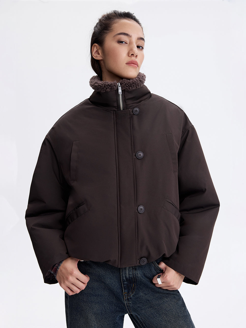 Faux Shearling Trim Jacket — Dark Brown