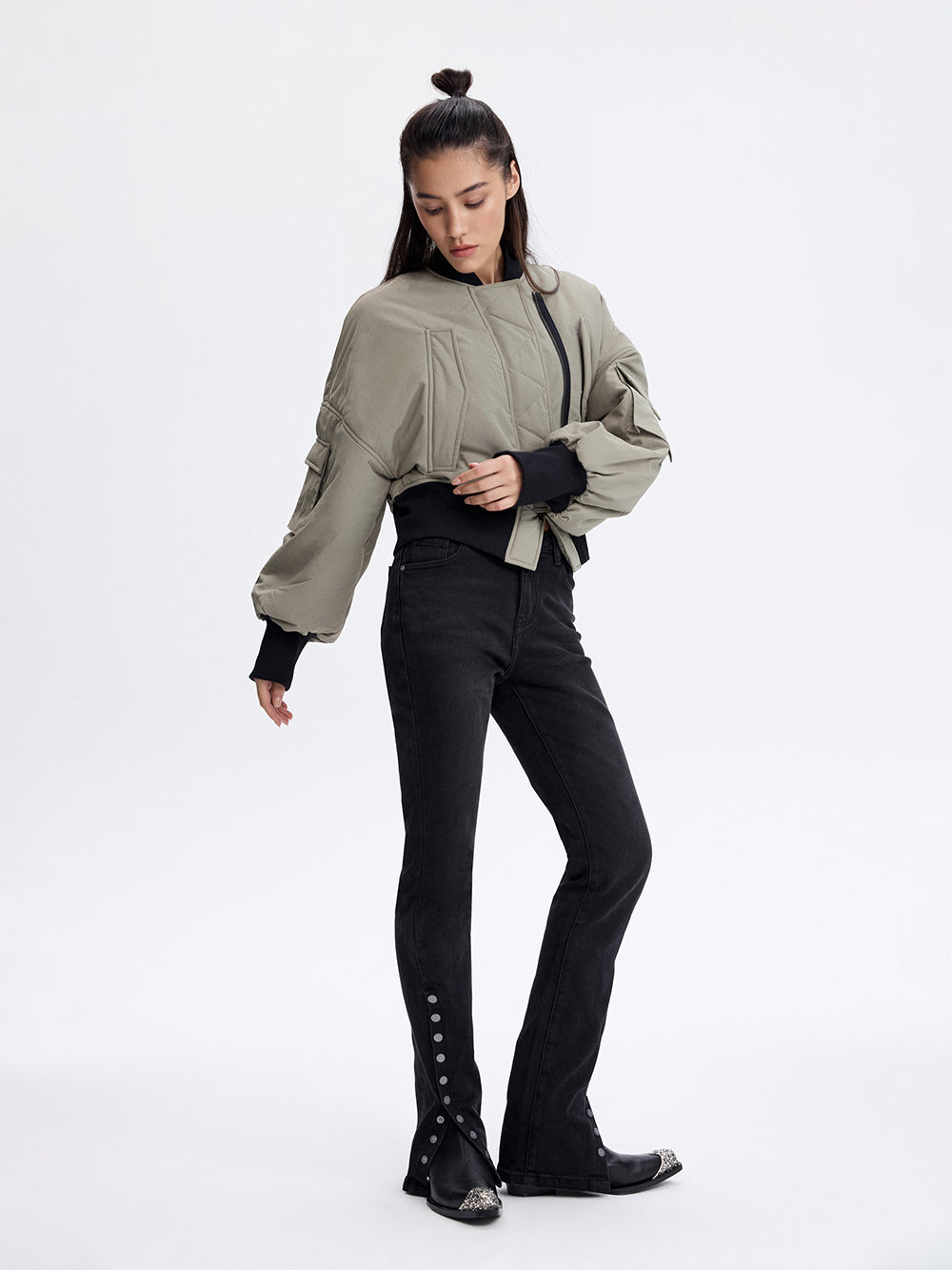 Cropped Bomber Jacket — Olive