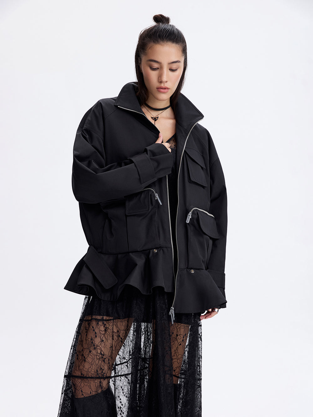 Zip-Pocket Ruffle Jacket — Black