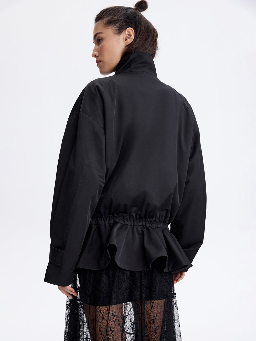 Zip-Pocket Ruffle Jacket — Black