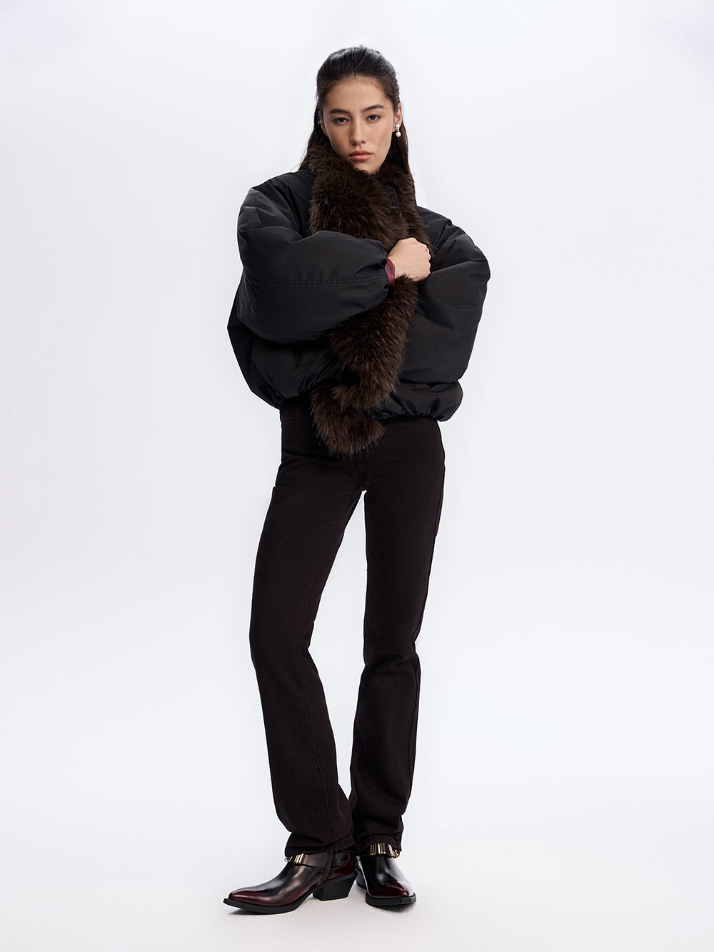 Faux Fur Trim Bomber Jacket — Black