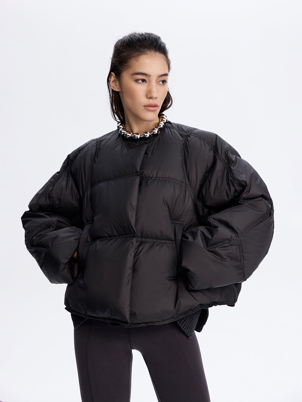 Snap-Front Puffer Jacket — Black