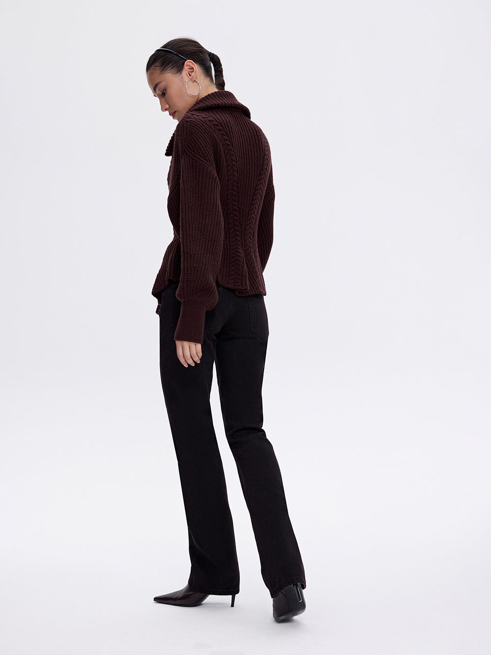 Zip-Front Peplum Sweater — Dark Burgundy