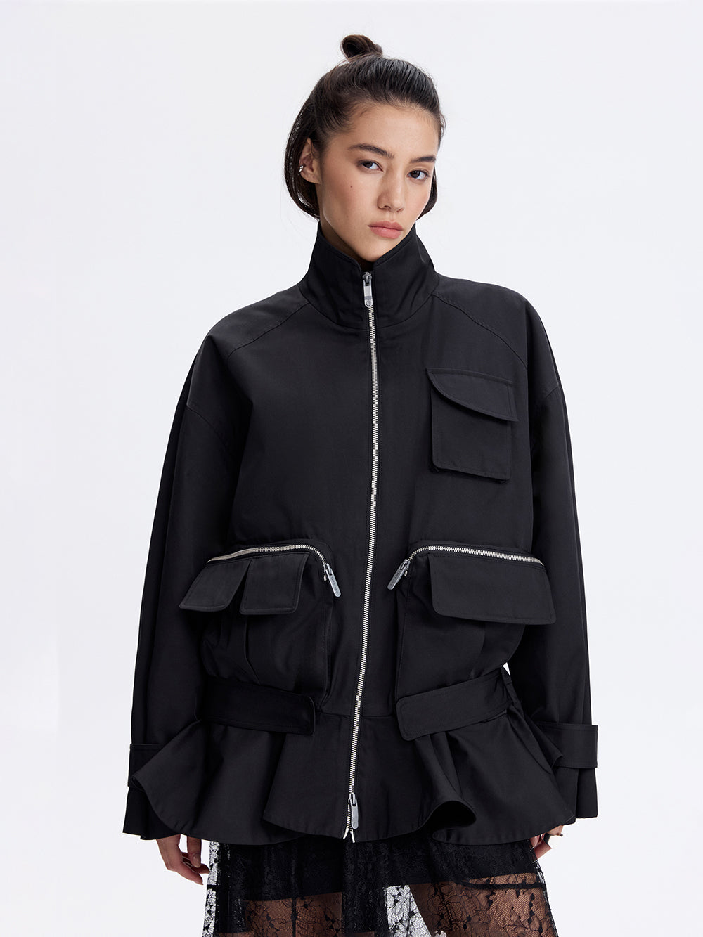 Zip-Pocket Ruffle Jacket — Black