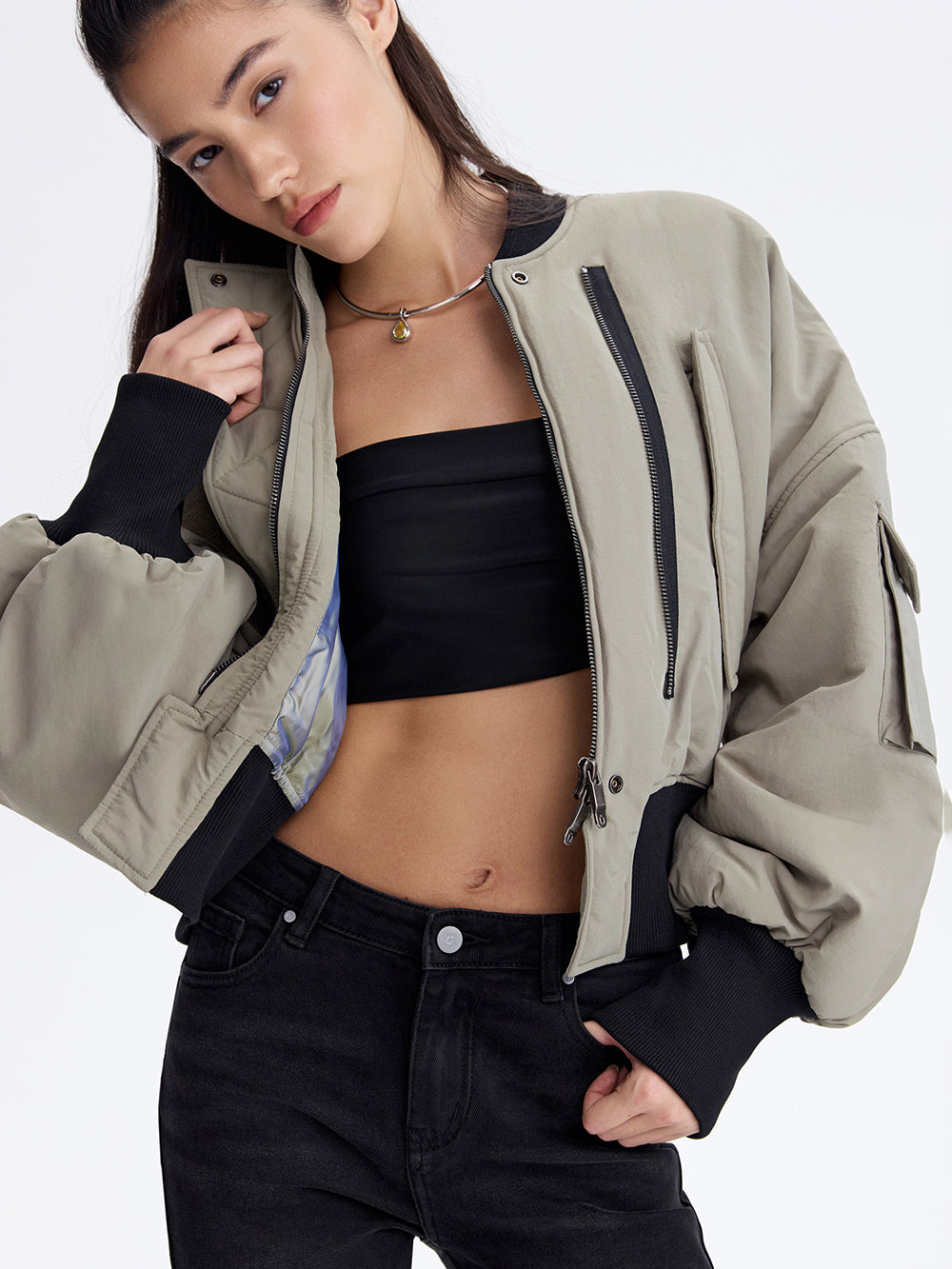 Cropped Bomber Jacket — Olive