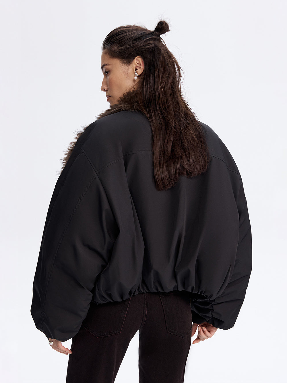 Faux Fur Trim Bomber Jacket — Black