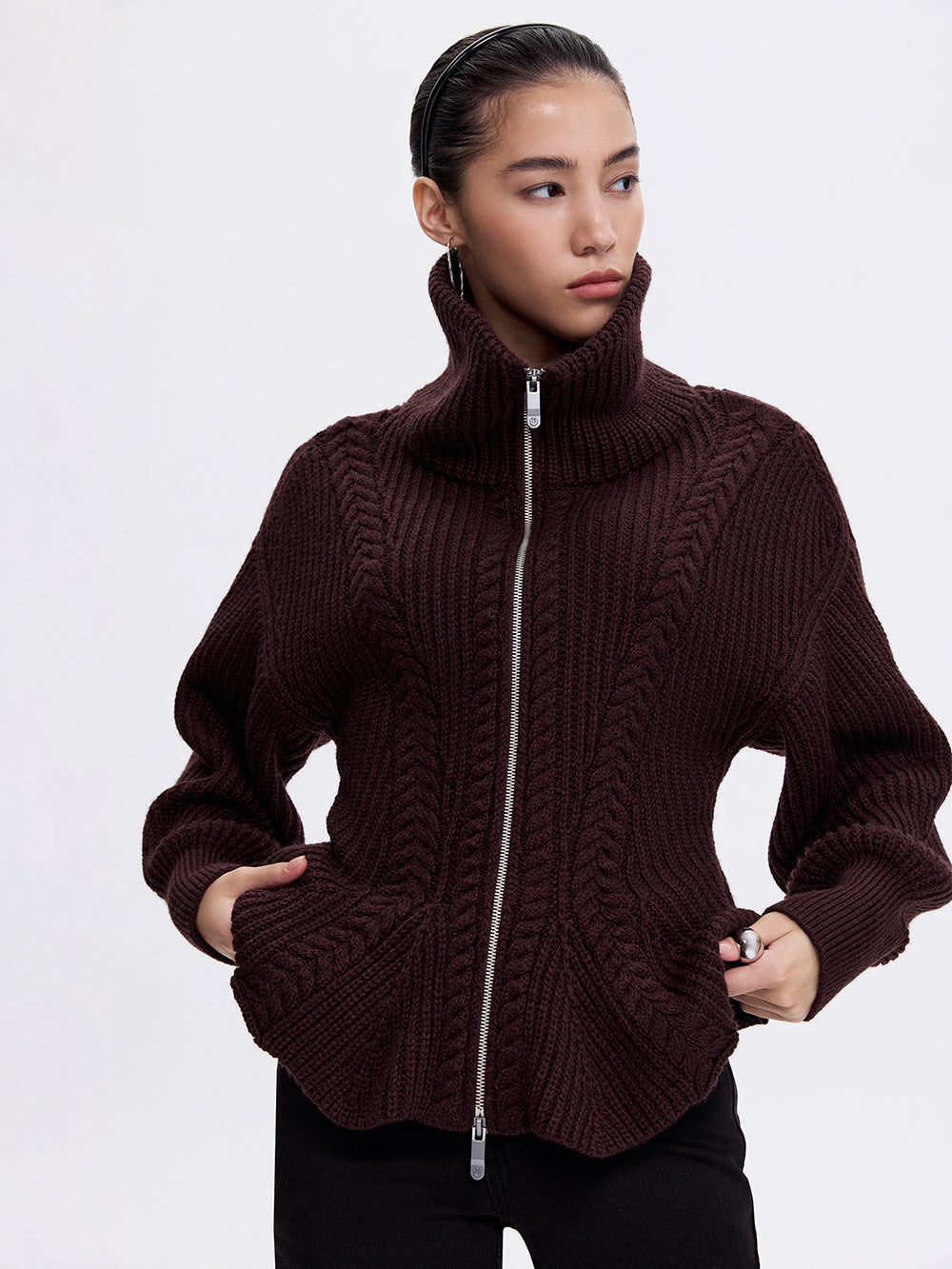 Zip-Front Peplum Sweater — Dark Burgundy