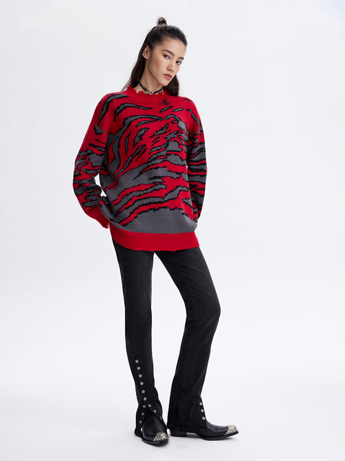 Animal Print Wool Sweater — Grey / Red