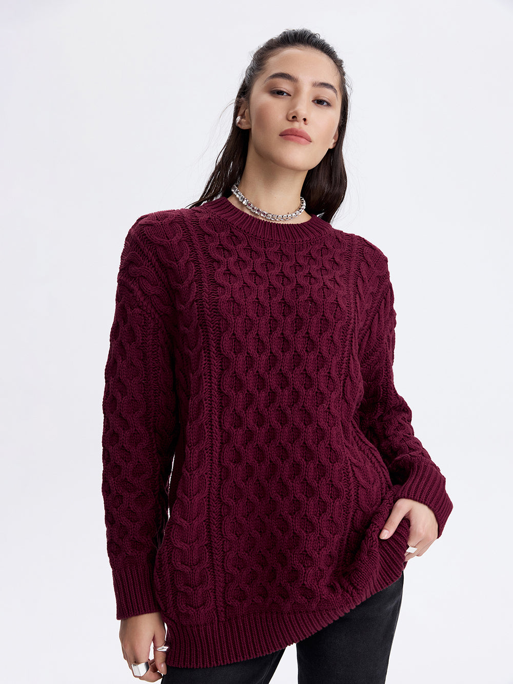 Cable Knit Longline Sweater — Burgundy