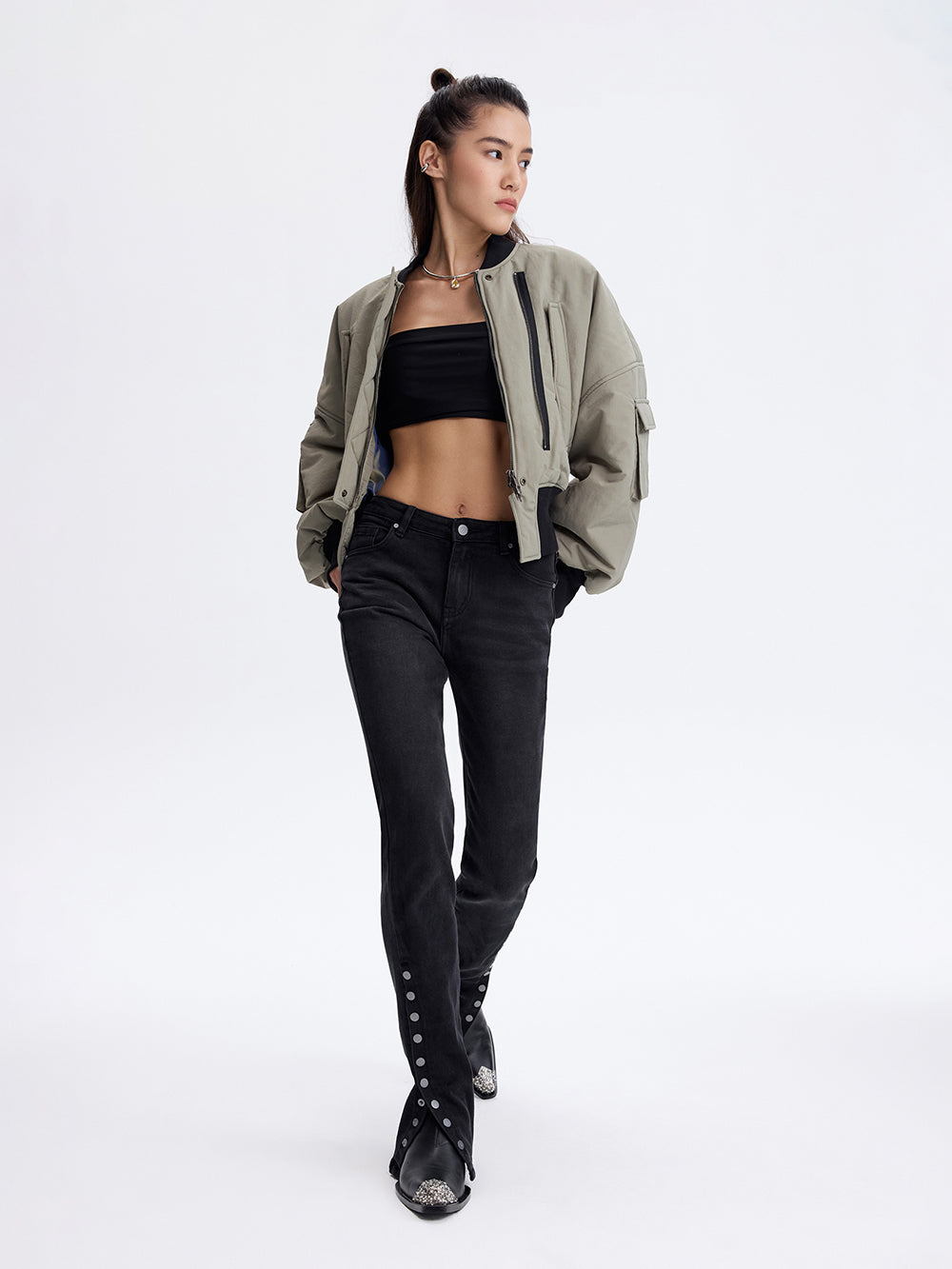 Cropped Bomber Jacket — Olive