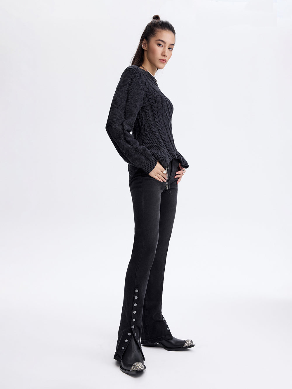 Cable Knit Peplum Sweater — Dark Grey