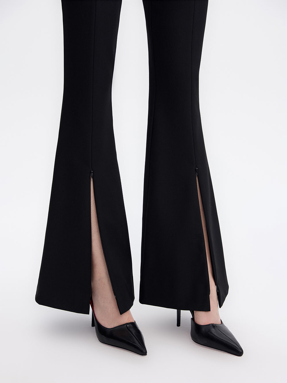 Zip-Slit Flare Trousers — Black