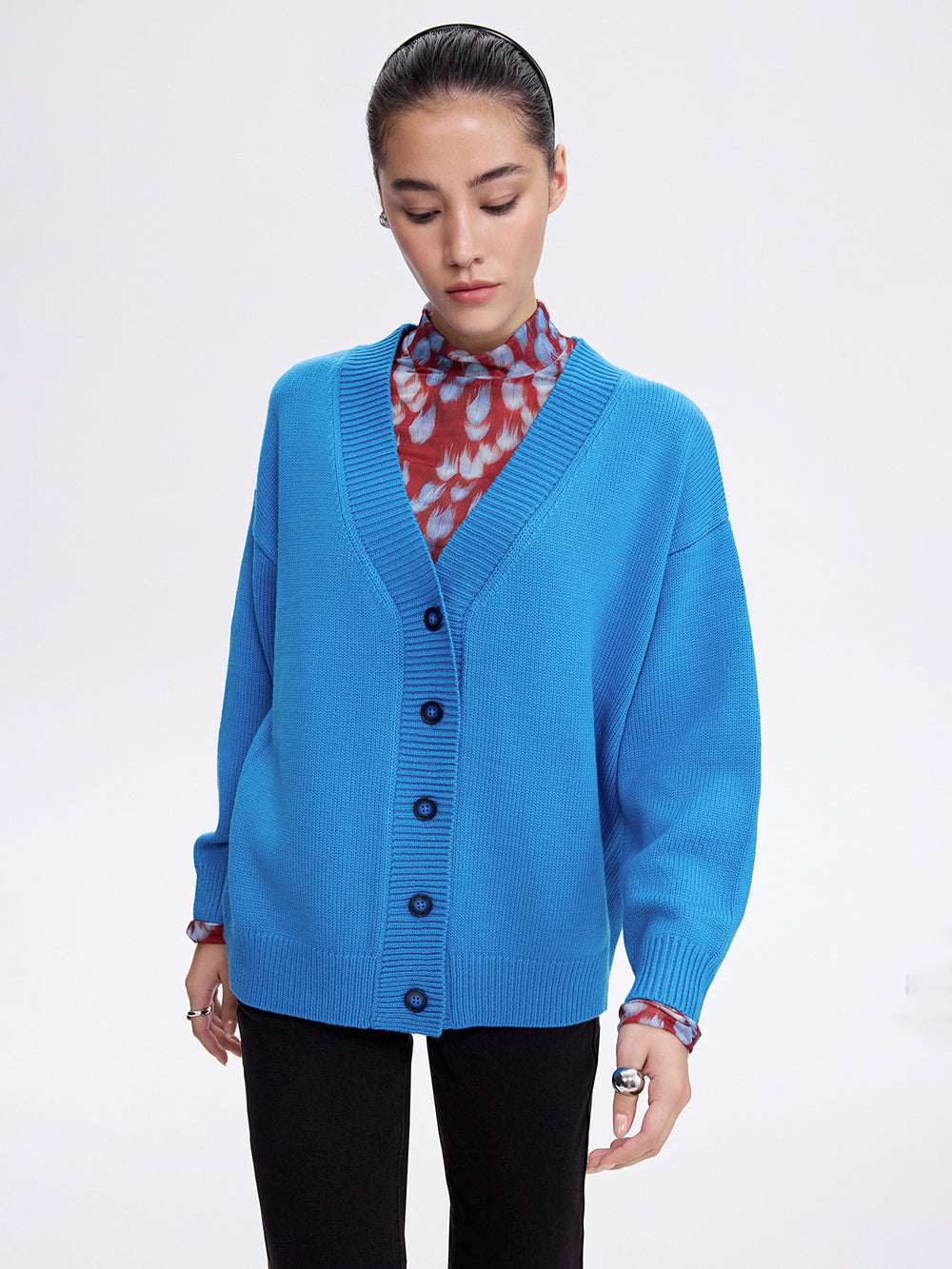 Rose Back Merino Cardigan — Light Blue