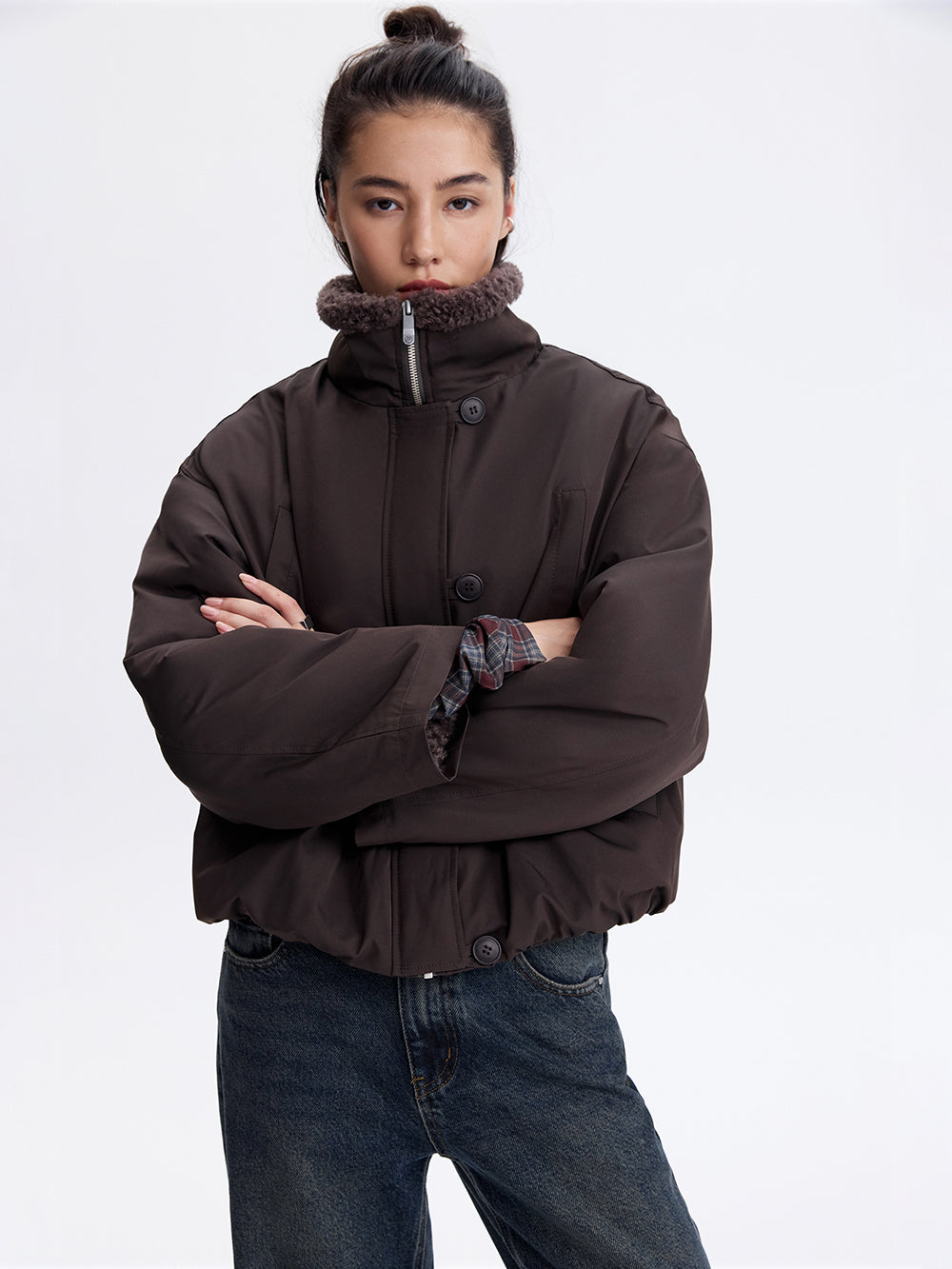 Faux Shearling Trim Jacket — Dark Brown