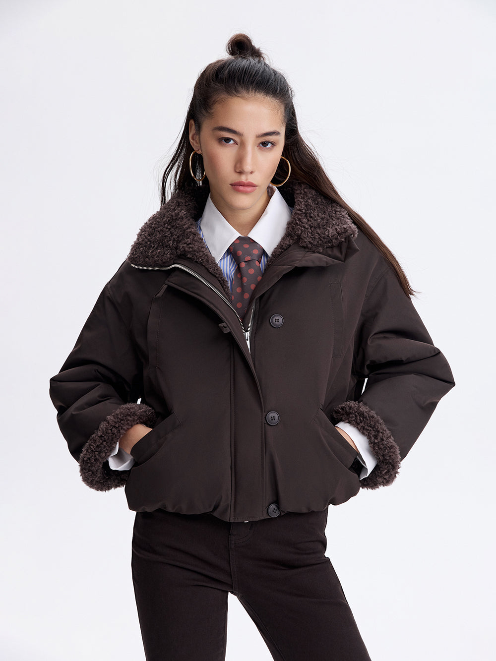 Faux Shearling Trim Jacket — Dark Brown