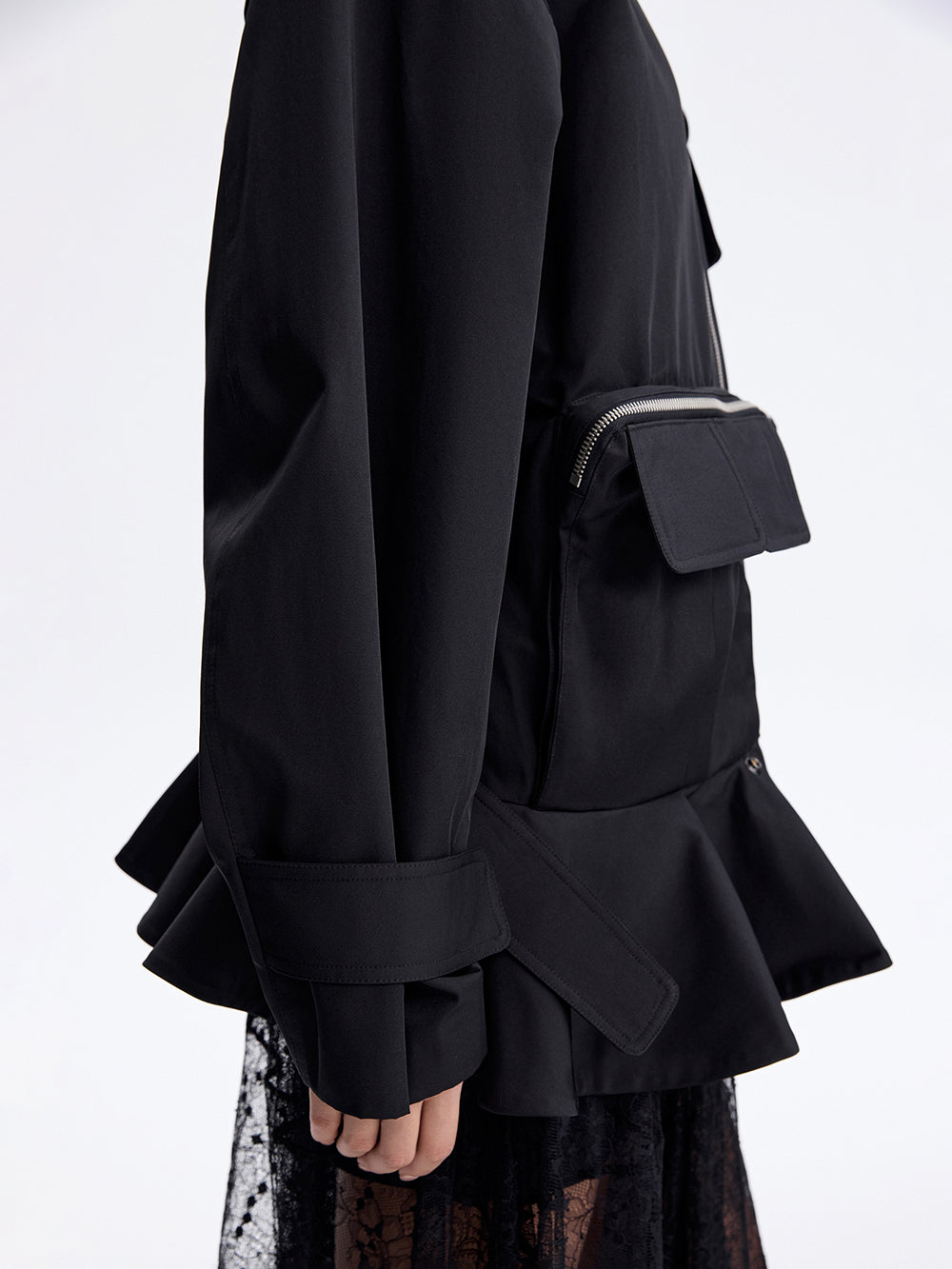 Zip-Pocket Ruffle Jacket — Black