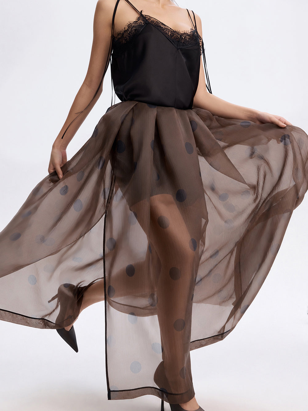 Polka Dot Organza Skirt — Brown