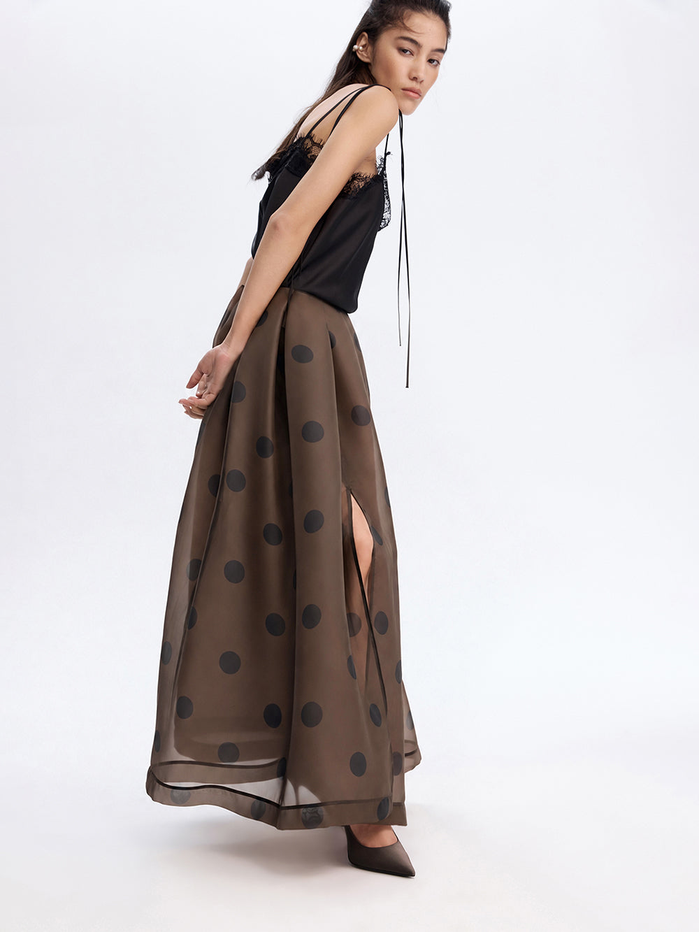 Polka Dot Organza Skirt — Brown