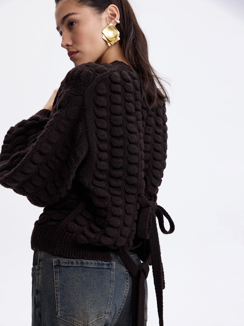 Lace-Up Back Wool Sweater — Chocolate