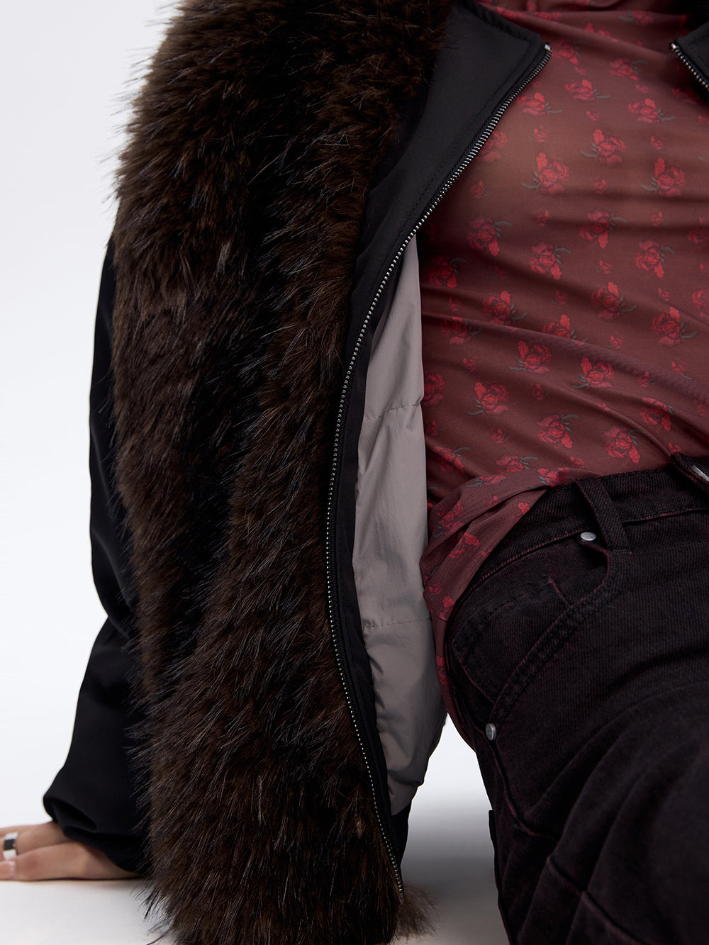 Faux Fur Trim Bomber Jacket — Black