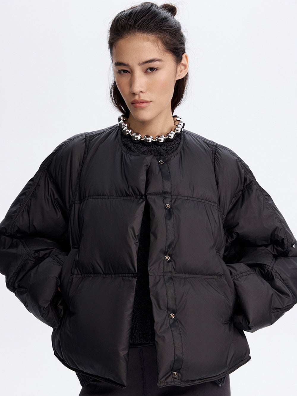 Snap-Front Puffer Jacket — Black