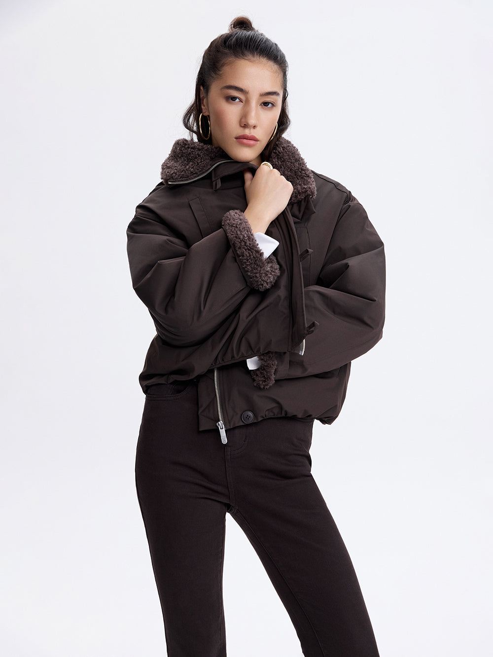 Faux Shearling Trim Jacket — Dark Brown
