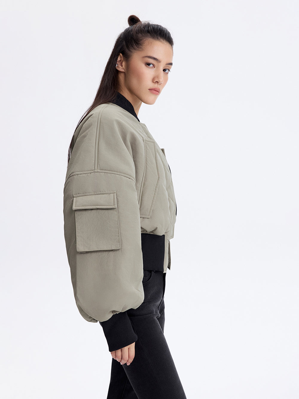 Cropped Bomber Jacket — Olive