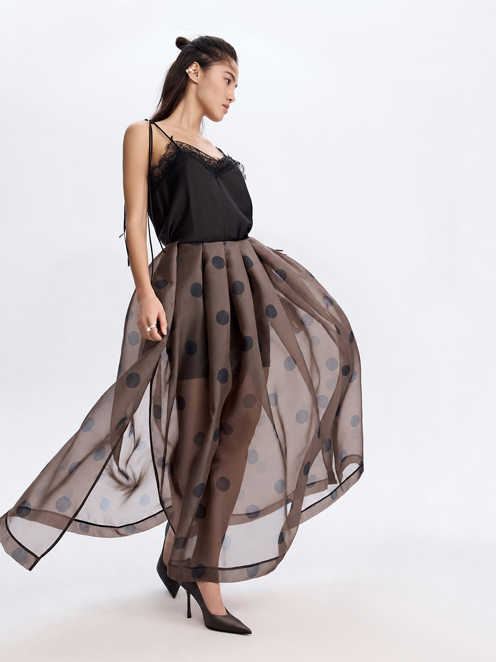 Polka Dot Organza Skirt — Brown
