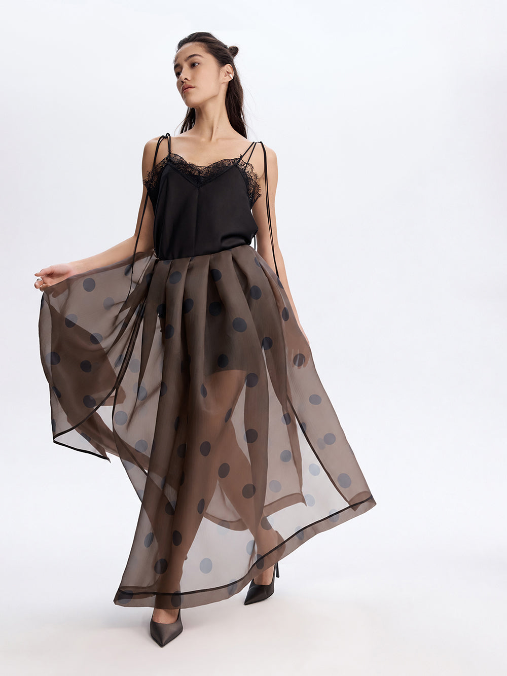 Polka Dot Organza Skirt — Brown