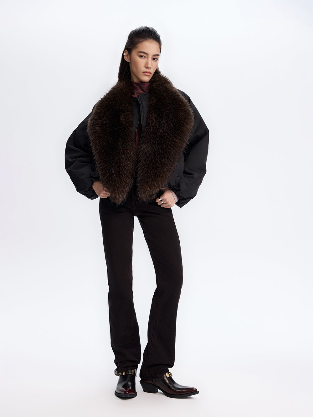 Faux Fur Trim Bomber Jacket — Black