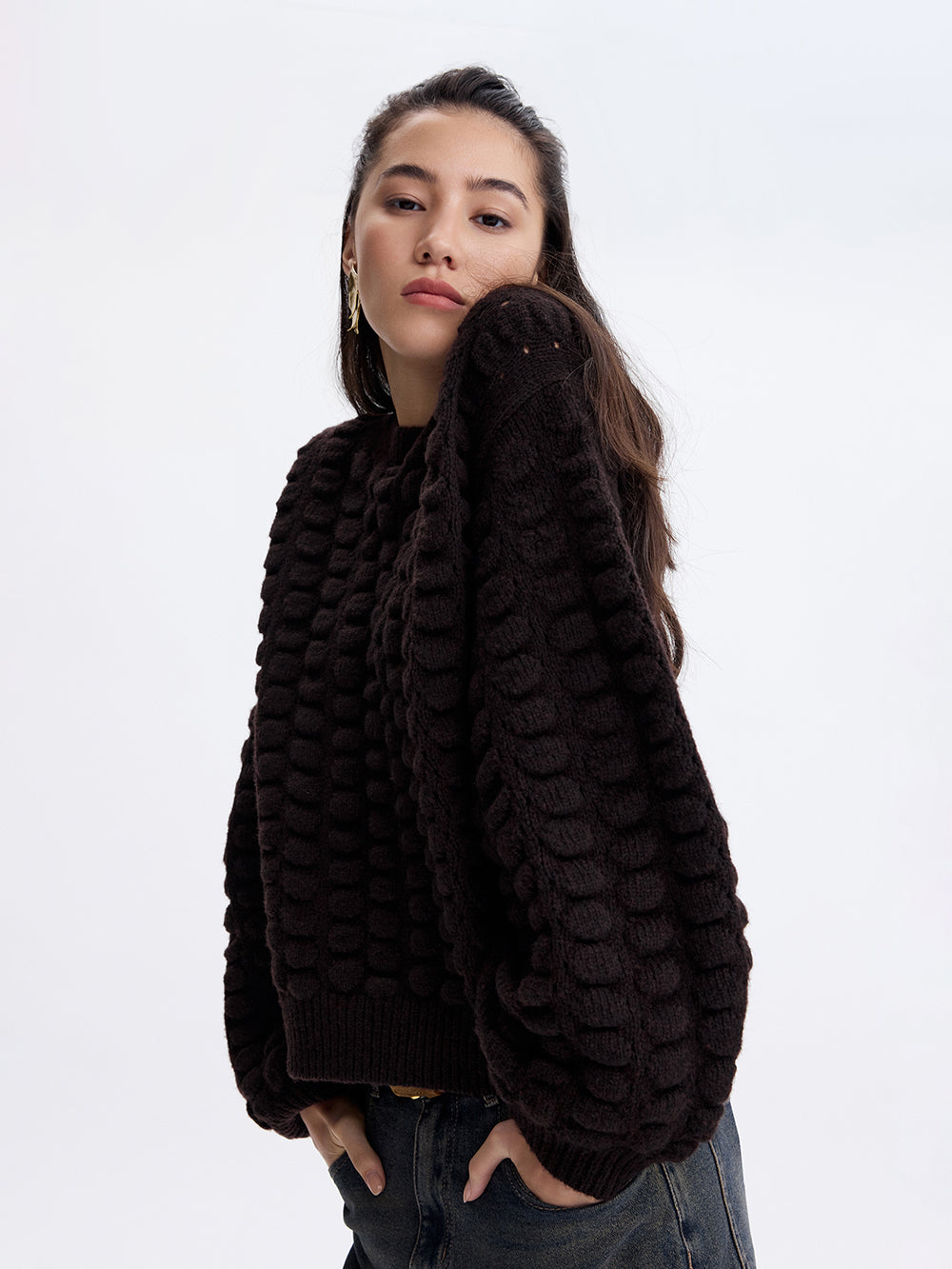 Lace-Up Back Wool Sweater — Chocolate