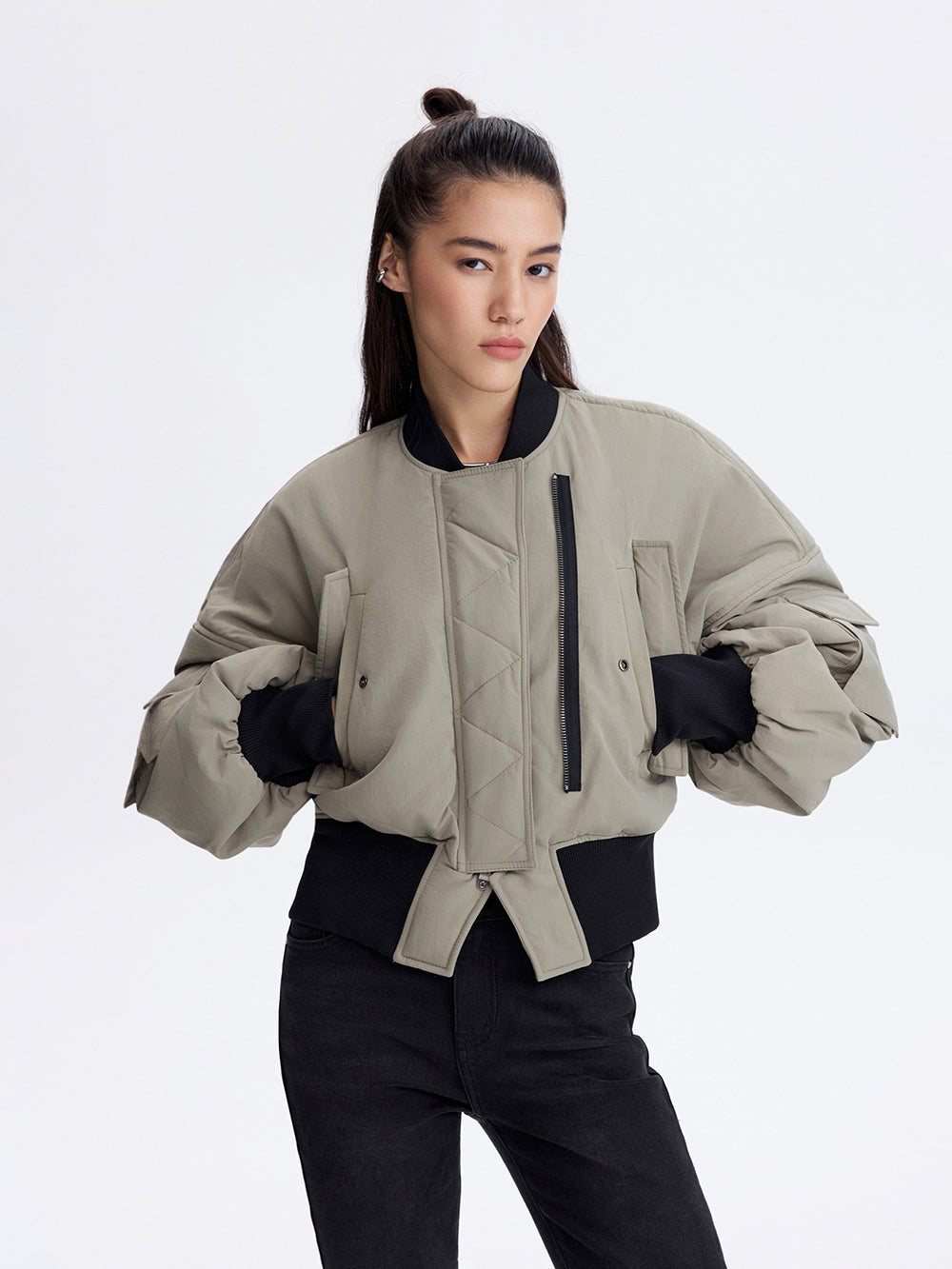Cropped Bomber Jacket — Olive