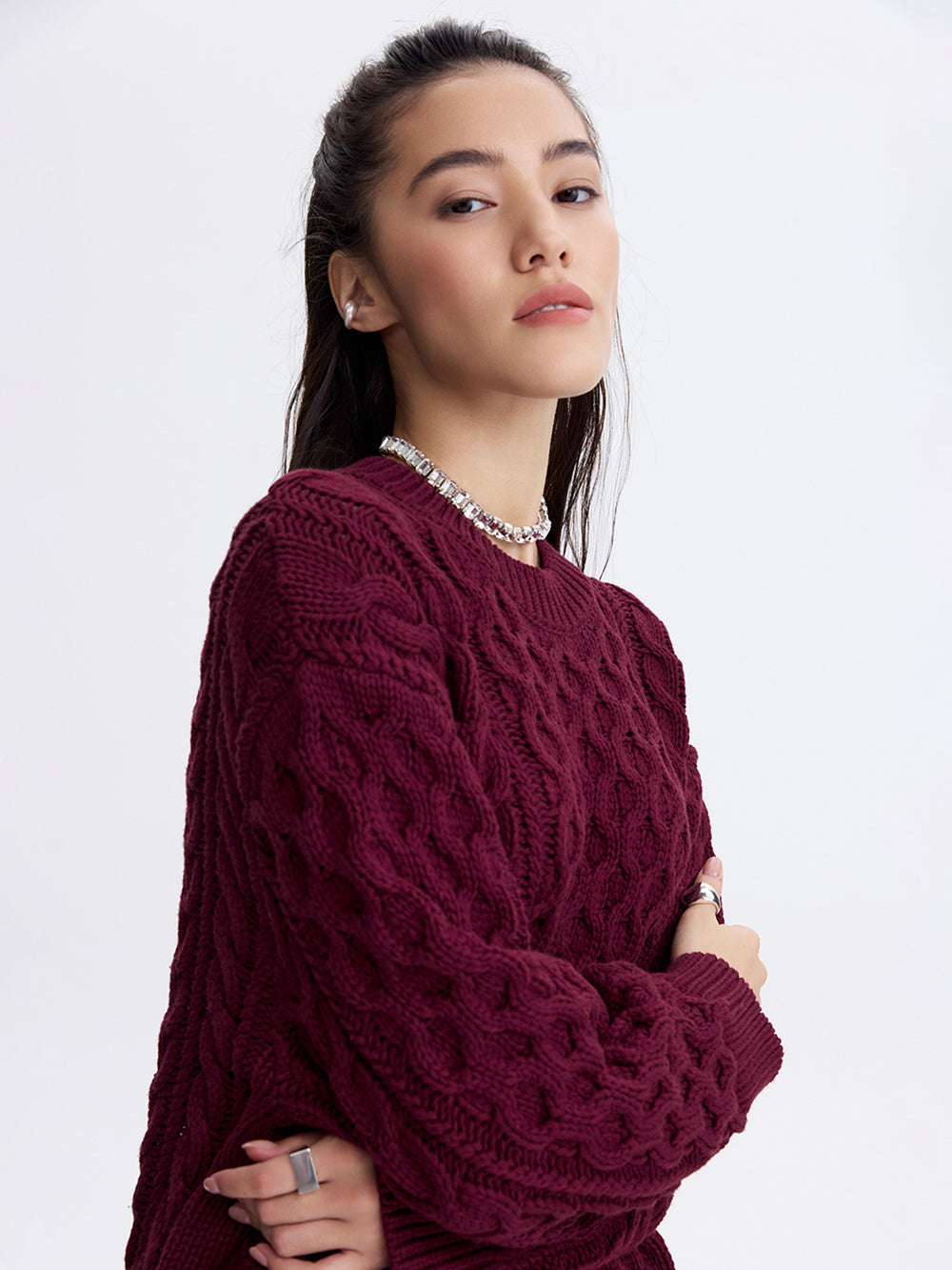 Cable Knit Longline Sweater — Burgundy