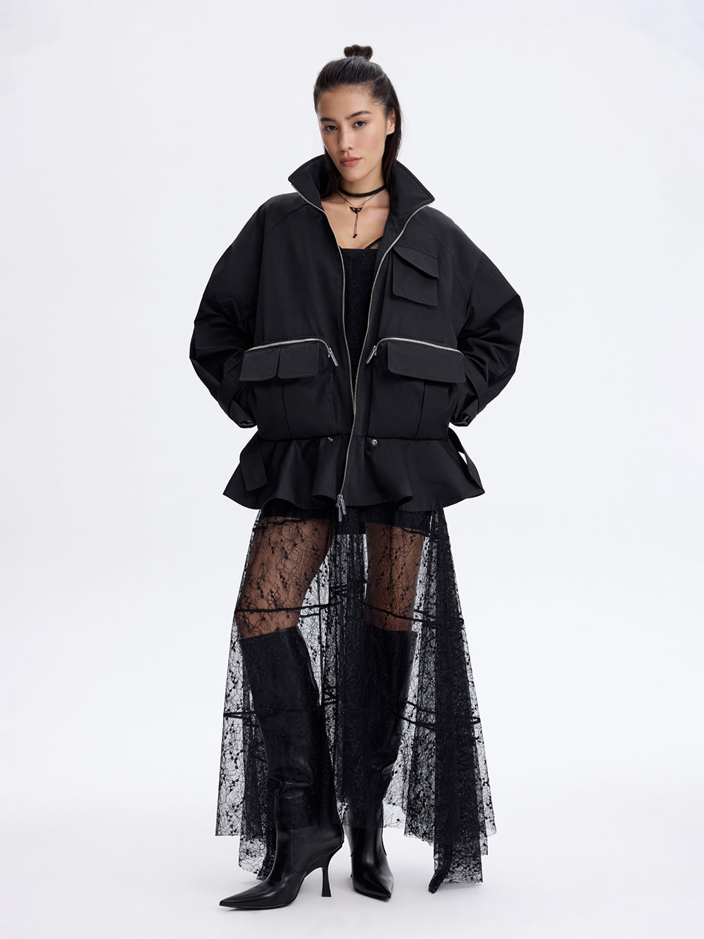 Zip-Pocket Ruffle Jacket — Black