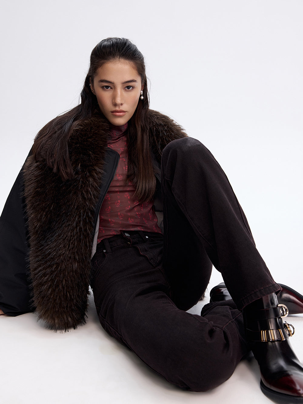 Faux Fur Trim Bomber Jacket — Black