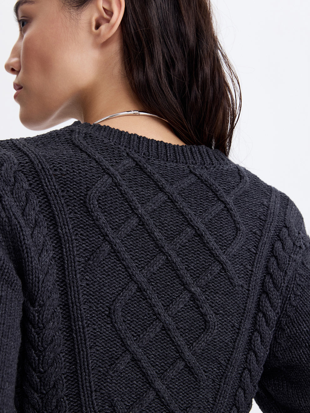 Cable Knit Peplum Sweater — Dark Grey