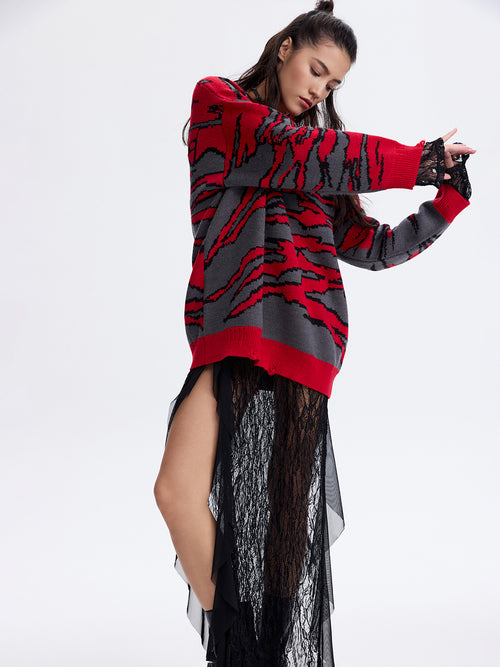 Animal Print Wool Sweater — Grey / Red