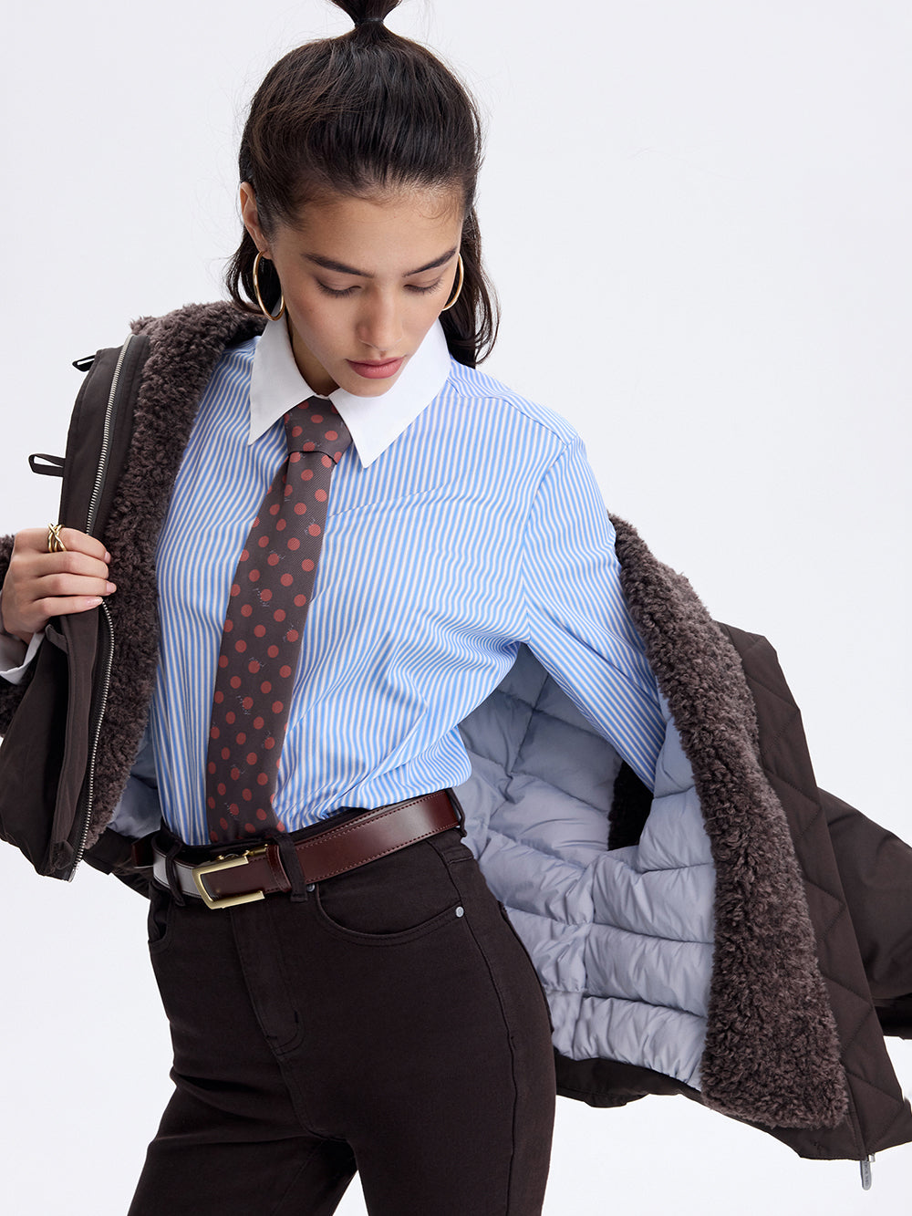 Faux Shearling Trim Jacket — Dark Brown