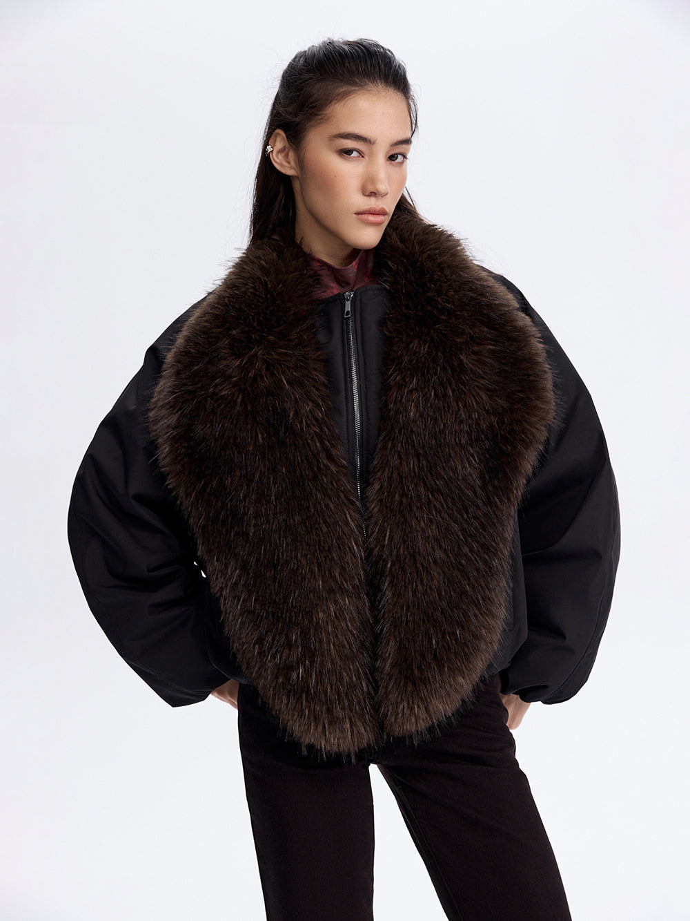 Faux Fur Trim Bomber Jacket — Black
