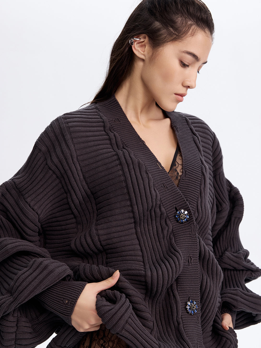PRAS textured knit cardigan, crystal buttons