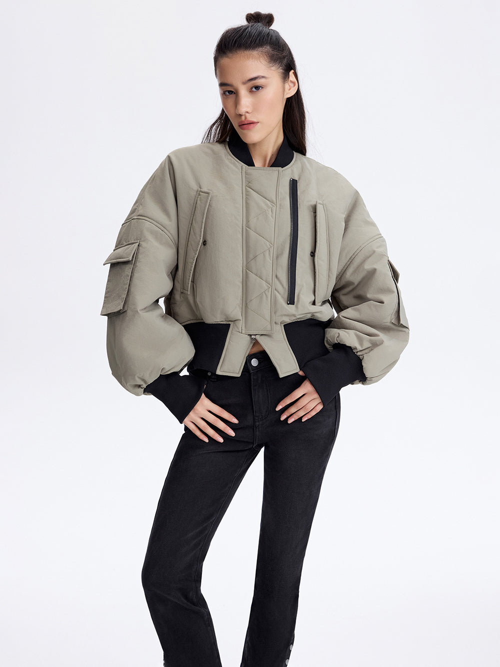 Cropped Bomber Jacket — Olive
