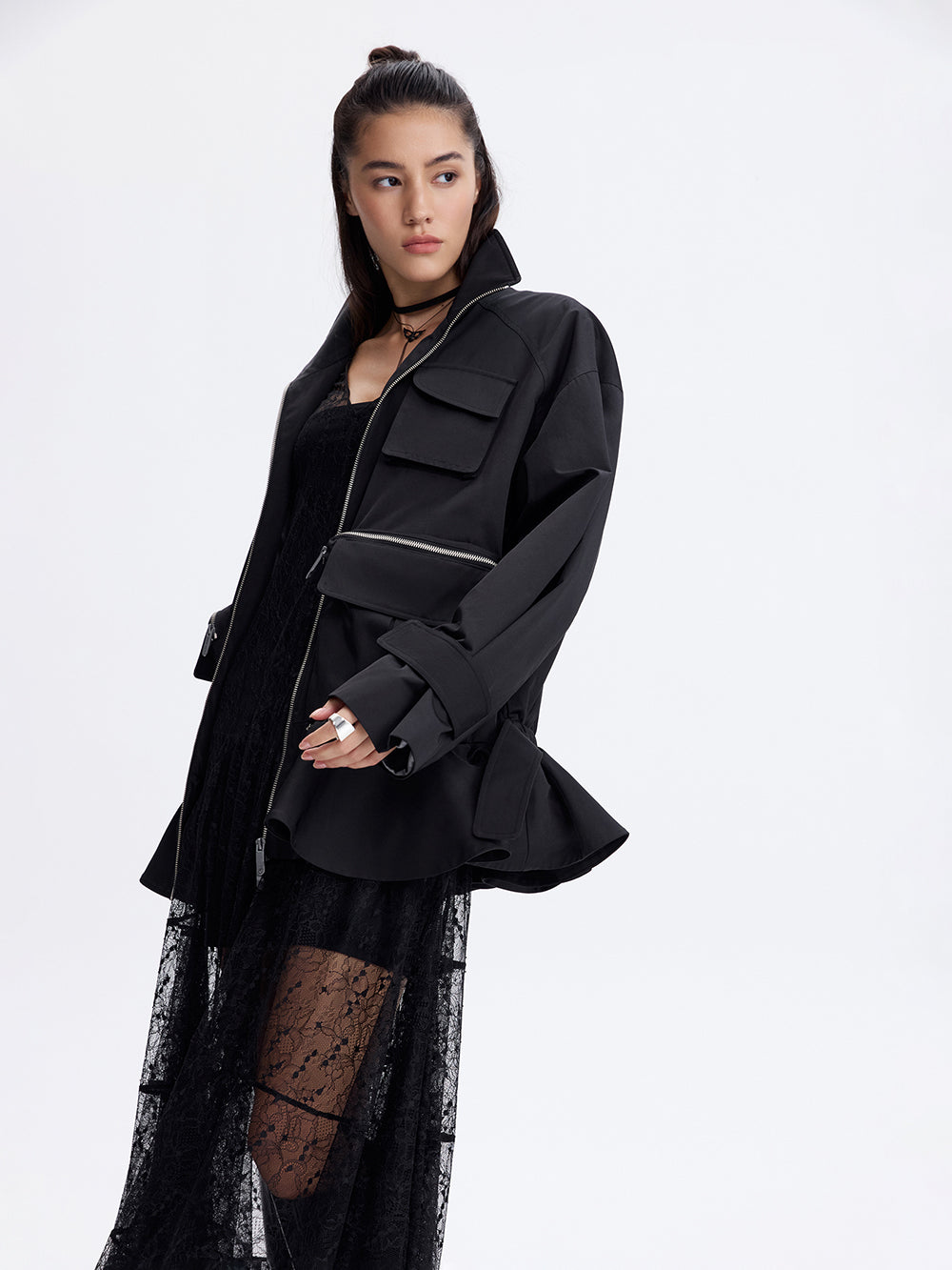 Zip-Pocket Ruffle Jacket — Black