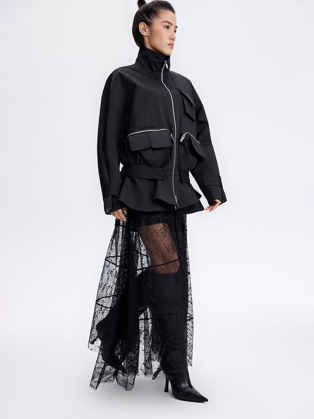 Zip-Pocket Ruffle Jacket — Black