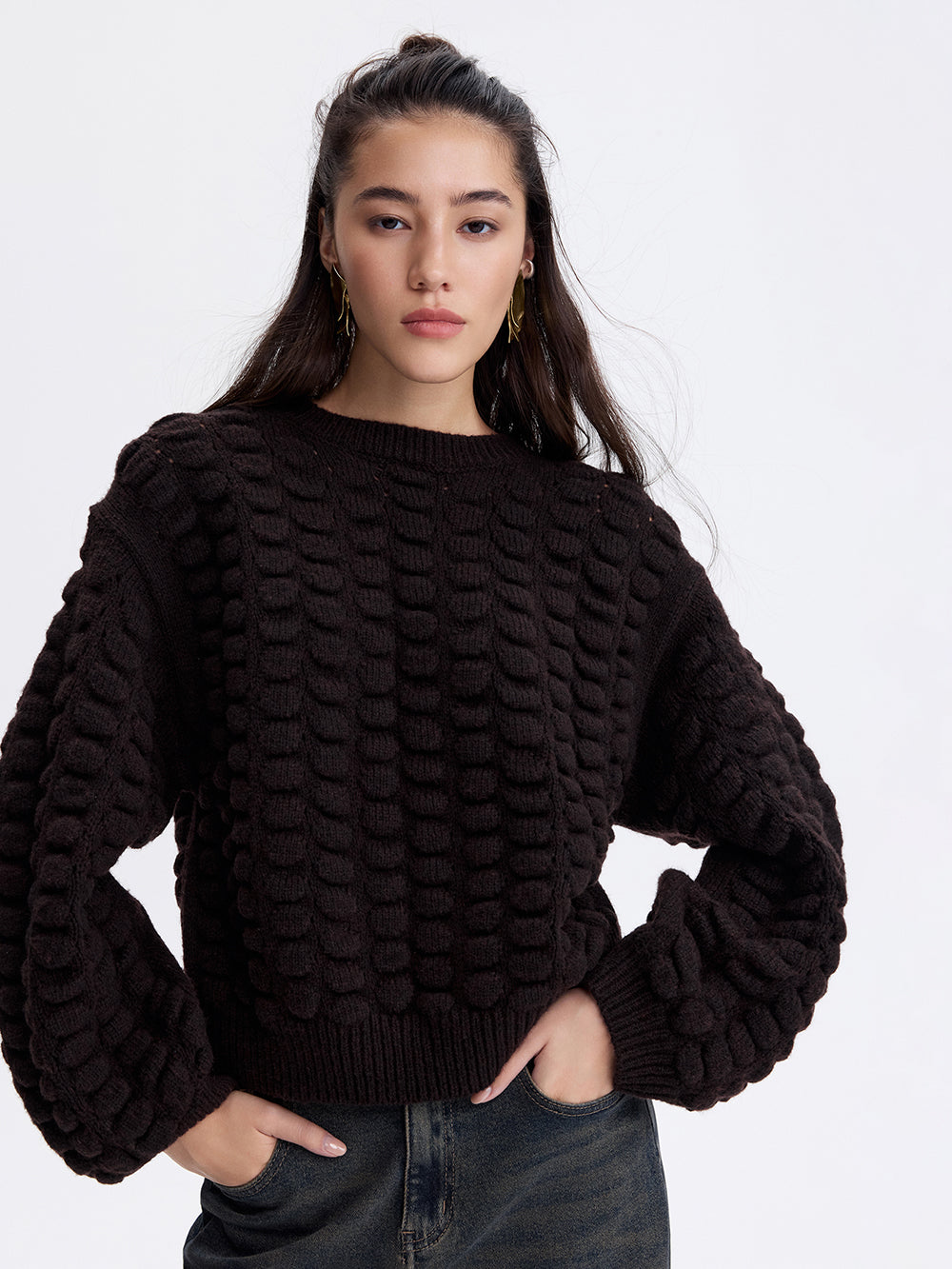 Lace-Up Back Wool Sweater — Chocolate