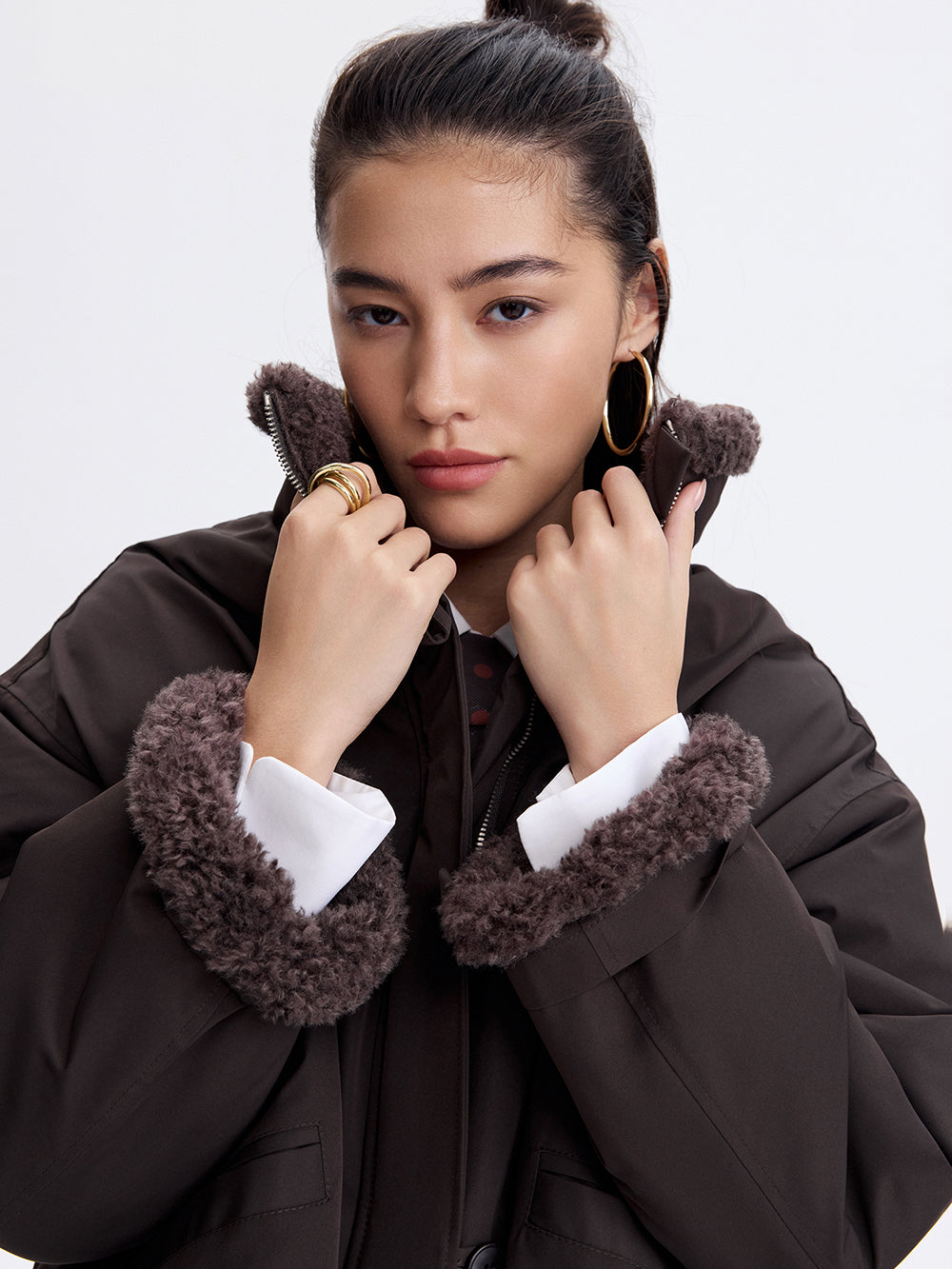 Faux Shearling Trim Jacket — Dark Brown