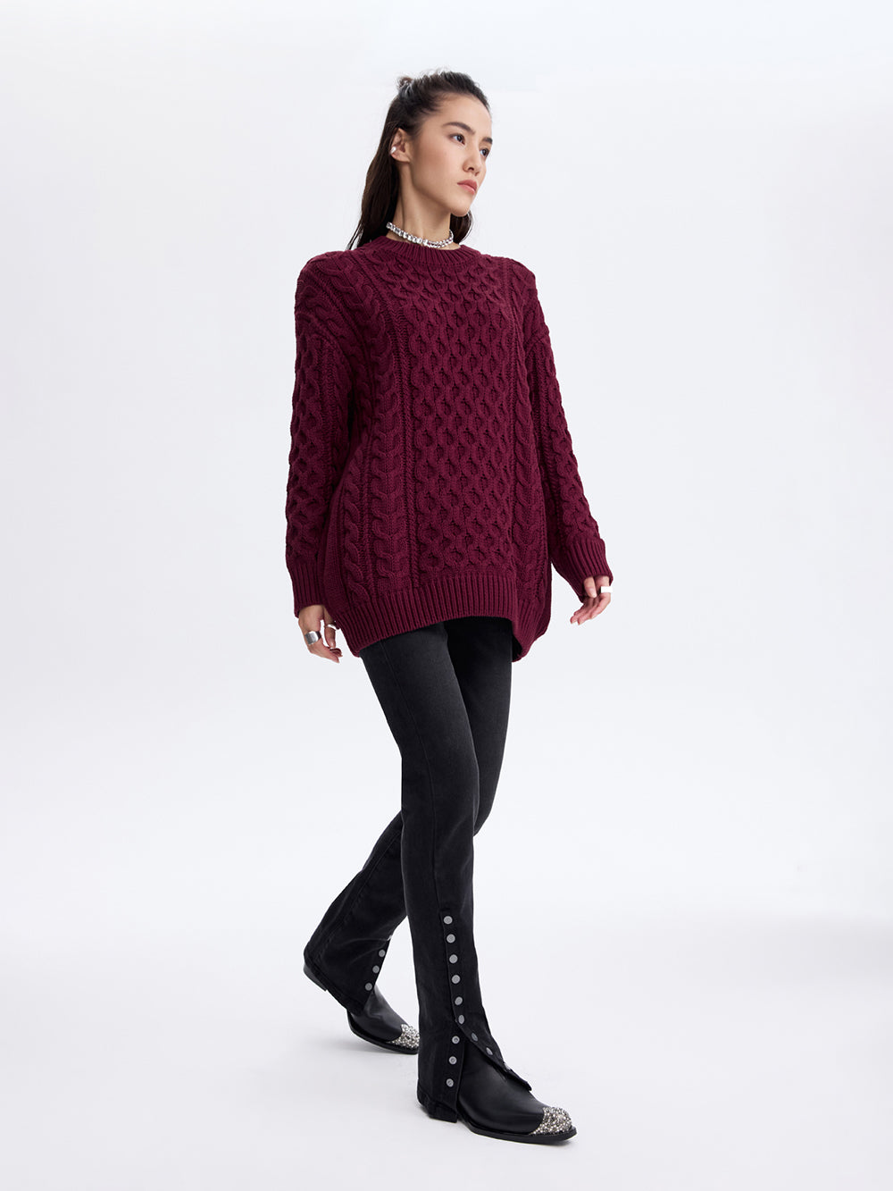 Cable Knit Longline Sweater — Burgundy