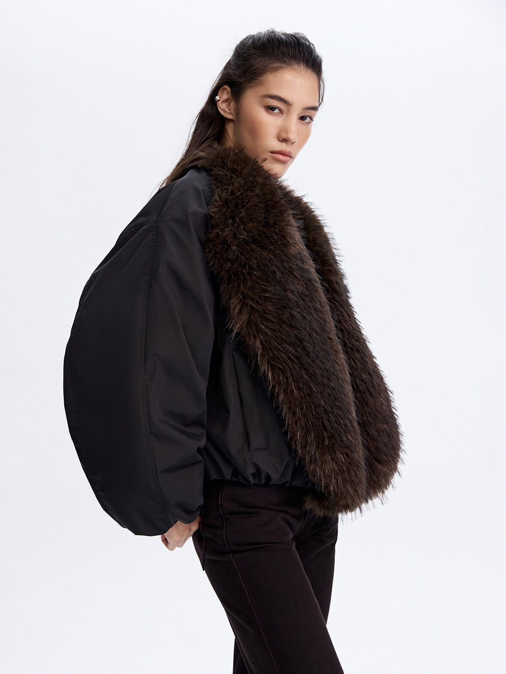 Faux Fur Trim Bomber Jacket — Black
