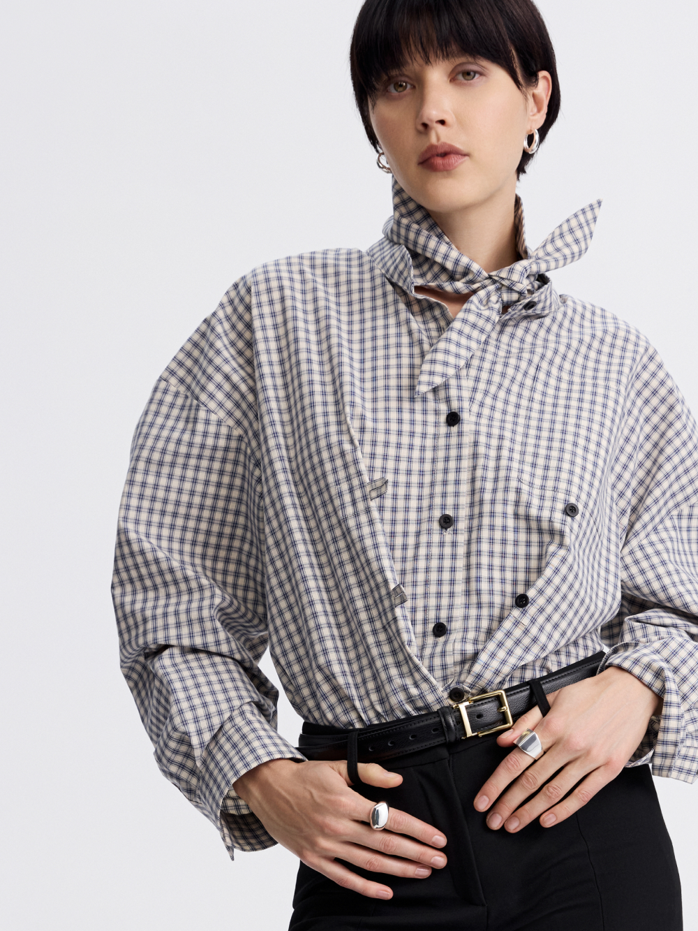 Tie-Collar Gingham Shirt — Blue / Ecru