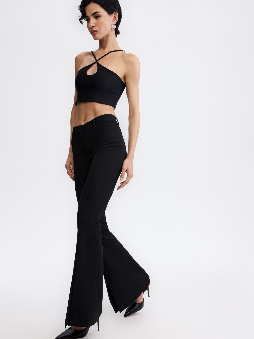 Zip-Slit Flare Trousers — Black