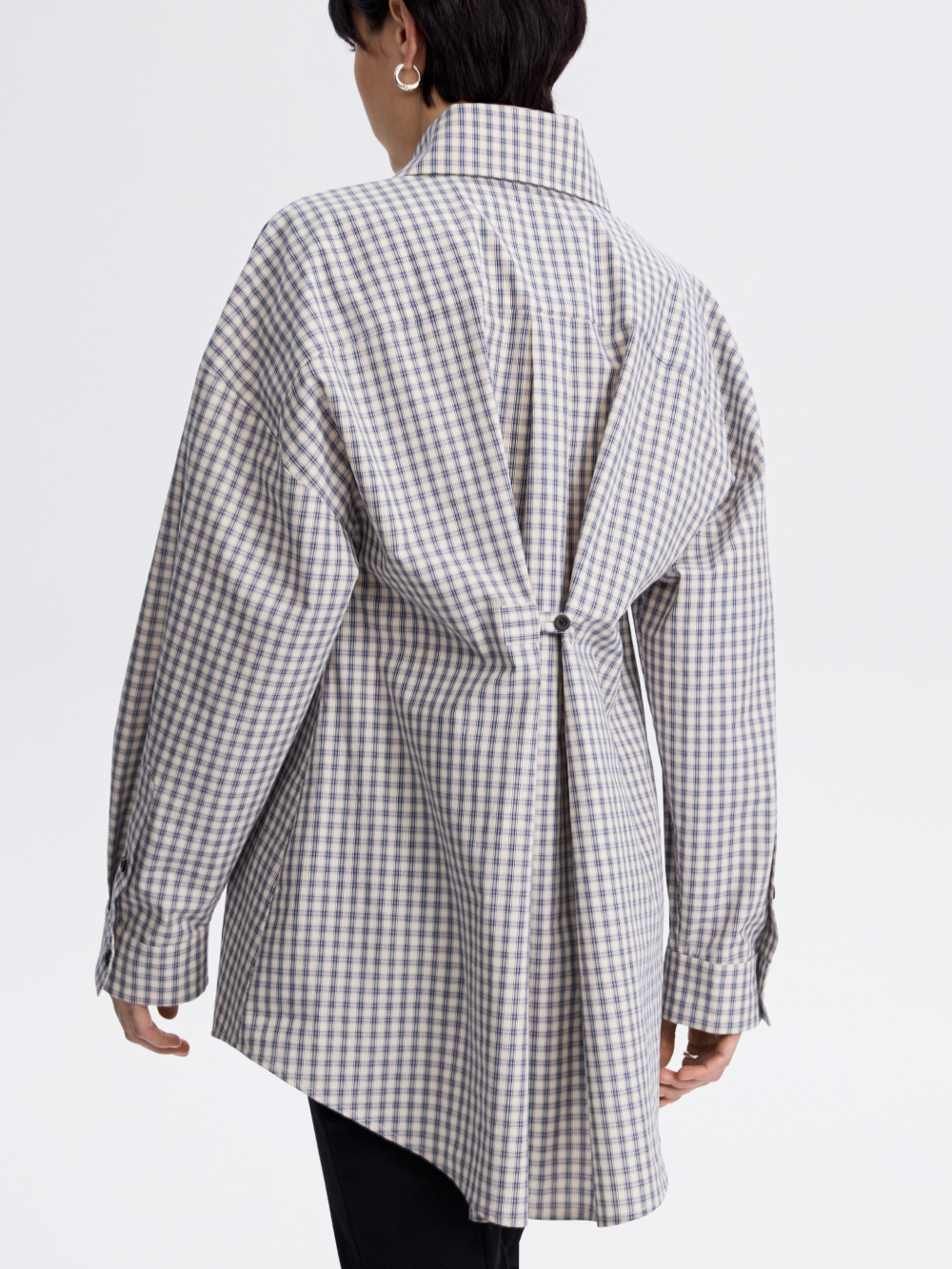 Tie-Collar Gingham Shirt — Blue / Ecru